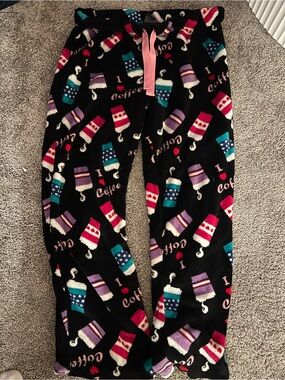 Cozy Black Women's Coffee-Print Fleece Pajama Pants